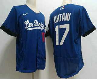 Men%27s Los Angeles Dodgers #17 Shohei Ohtani Number Blue 2021 City Connect Flex Base Stitched Jersey->los angeles dodgers->MLB Jersey